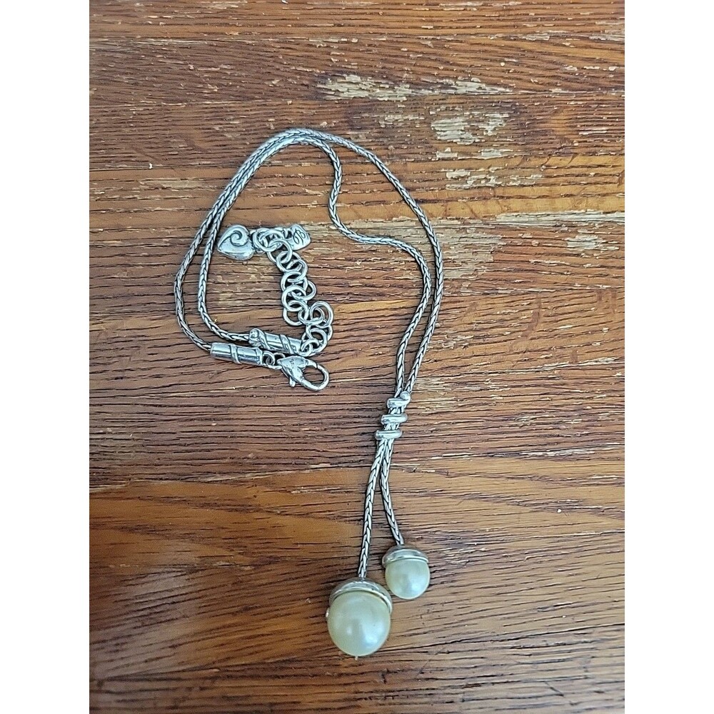 BRIGHTON Silver Tone Twist Duo Faux Pearl Lariat Dangle Necklace Beautiful